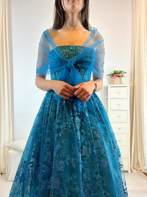 Abito cerimonia cenerentola fiori lurex tulle