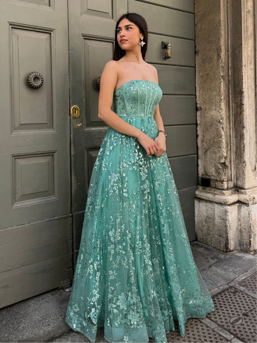 Abito cerimonia cenerentola fiori lurex tulle