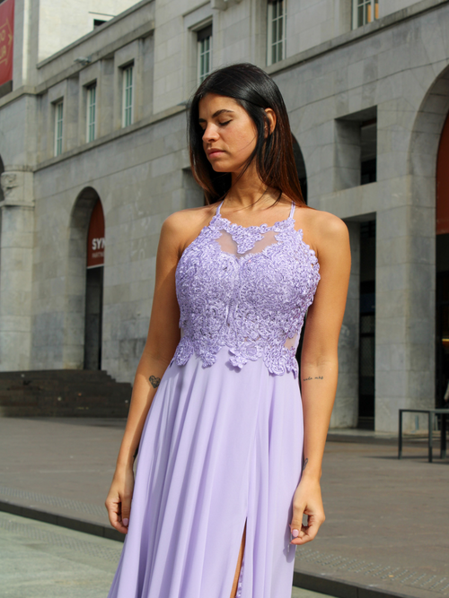 Abito cerimonia scollo americano pizzo e strass