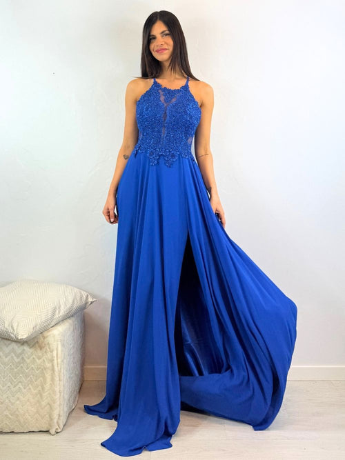 Abito cerimonia scollo americano pizzo e strass