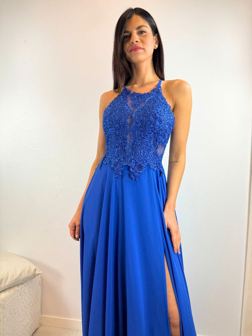 Abito cerimonia scollo americano pizzo e strass
