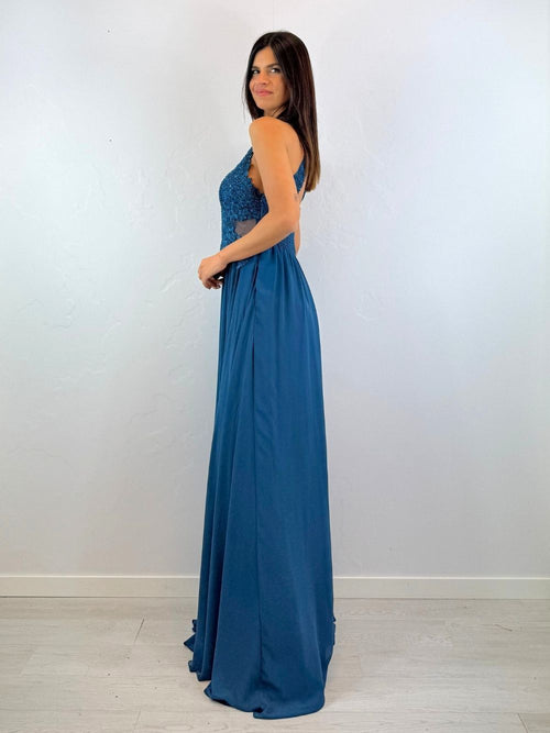 Abito cerimonia scollo americano pizzo e strass