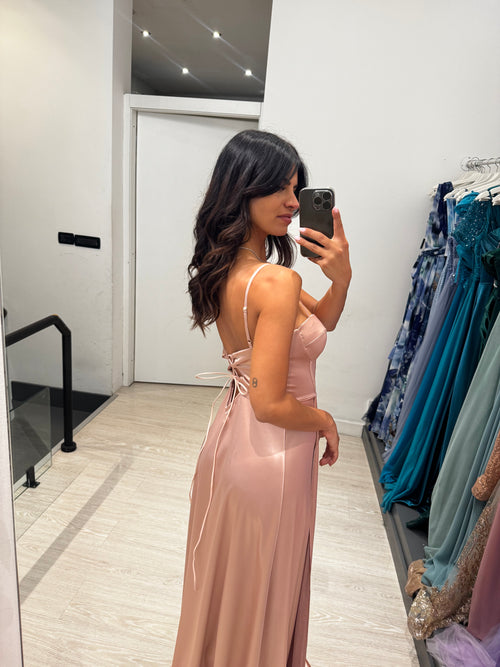 Abito cerimonia raso corsetto intrecciato dietro