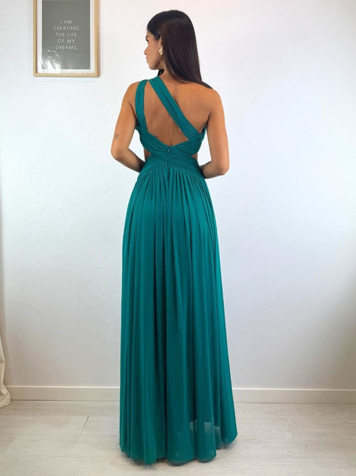Abito cerimonia tulle drappeggiato tagli fianchi