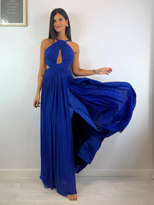 Abito cerimonia tulle drappeggiato tagli fianchi