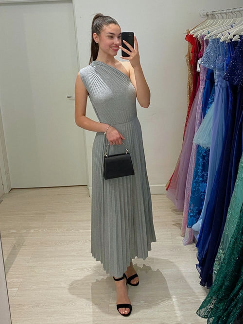 Abito maglia lurex monospalla e spacco