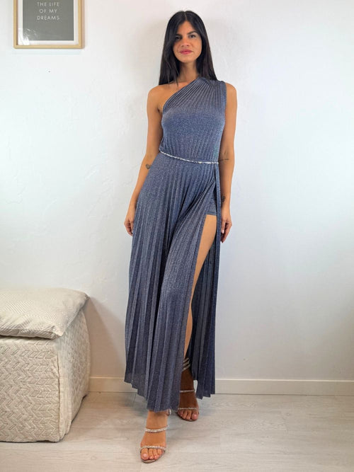 Abito maglia lurex monospalla e spacco