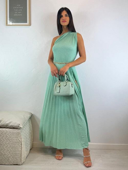 Abito maglia lurex monospalla e spacco