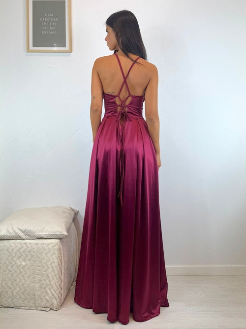 Vestito lungo raso corpetto strutturato spacco