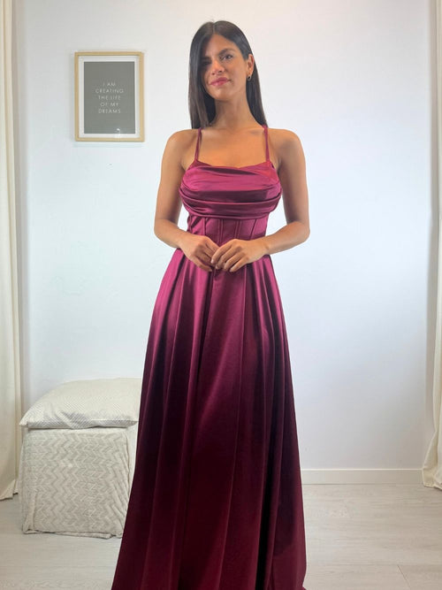 Vestito lungo raso corpetto strutturato spacco