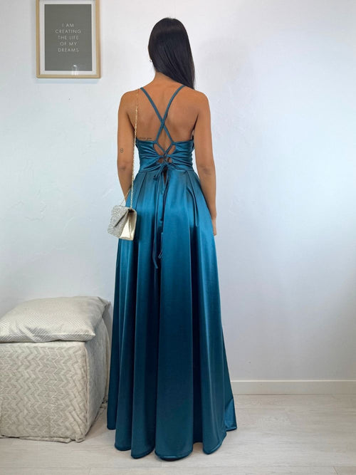 Vestito lungo raso corpetto strutturato spacco