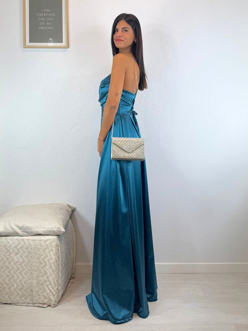 Vestito lungo raso corpetto strutturato spacco