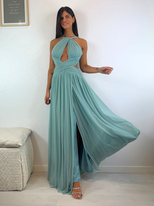 Abito cerimonia tulle drappeggiato tagli fianchi