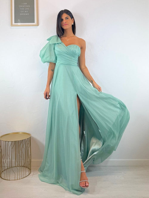 Abito cerimonia monospalla con spacco