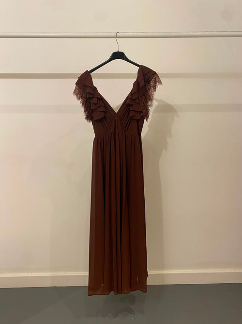 Vestito lungo manica volant con pizzo