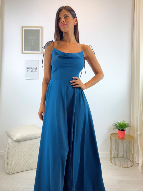 Abito cerimonia raso spacco fiocchi spalline