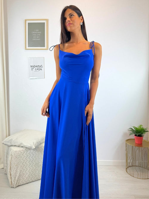 Abito cerimonia raso spacco fiocchi spalline