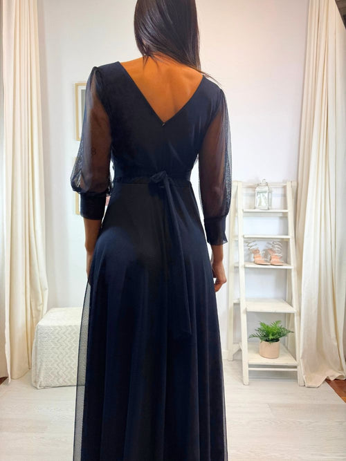Abito cerimonia tulle scollo v con maniche