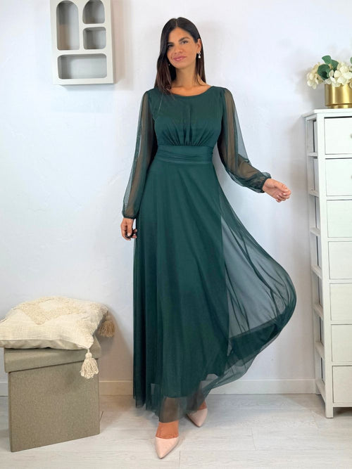 Abito cerimonia tulle girocollo manica