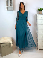 Abito cerimonia tulle scollo v con maniche