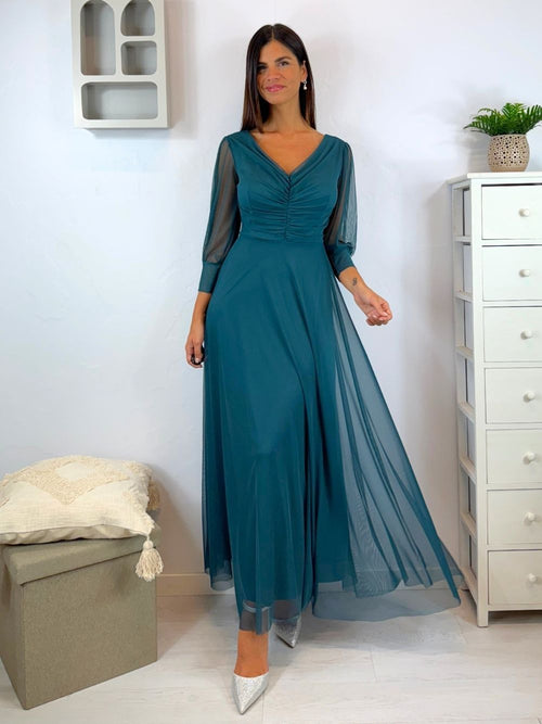 Abito cerimonia tulle scollo v con maniche