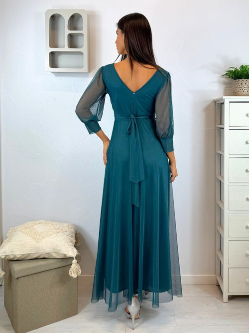 Abito cerimonia tulle scollo v con maniche
