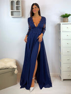 Abito cerimonia corpetto pizzo maniche e spacco