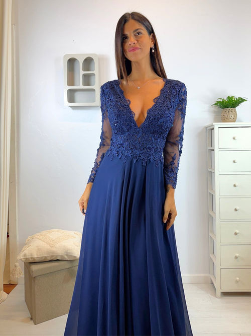 Abito cerimonia corpetto pizzo maniche e spacco