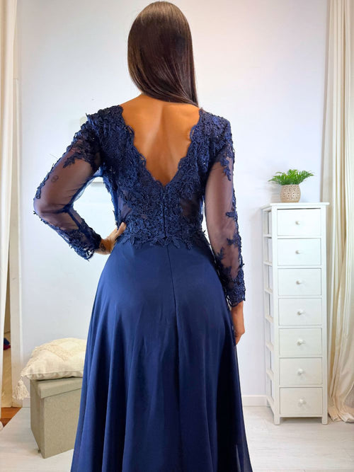 Abito cerimonia corpetto pizzo maniche e spacco