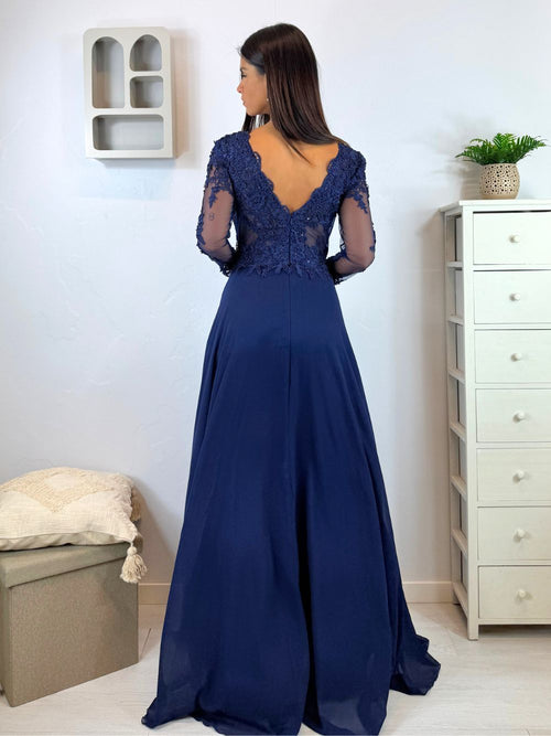 Abito cerimonia corpetto pizzo maniche e spacco