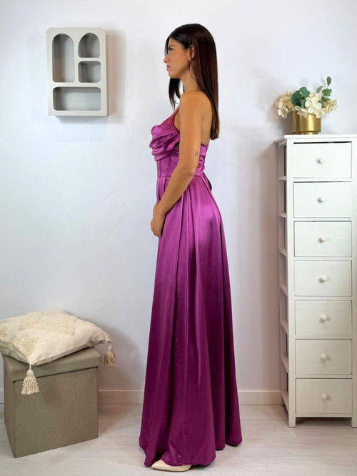 Vestito lungo raso corpetto strutturato spacco