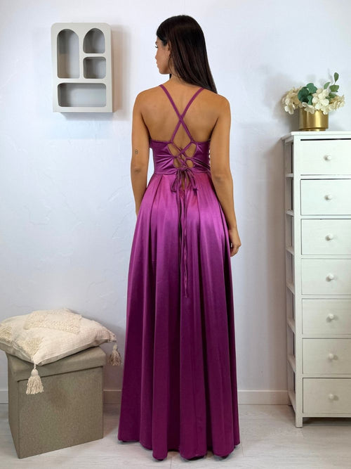 Vestito lungo raso corpetto strutturato spacco