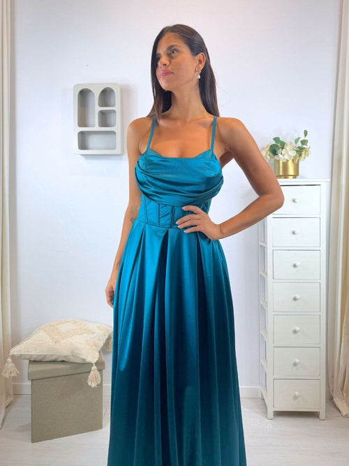 Vestito lungo raso corpetto strutturato spacco