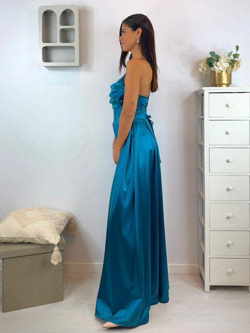 Vestito lungo raso corpetto strutturato spacco