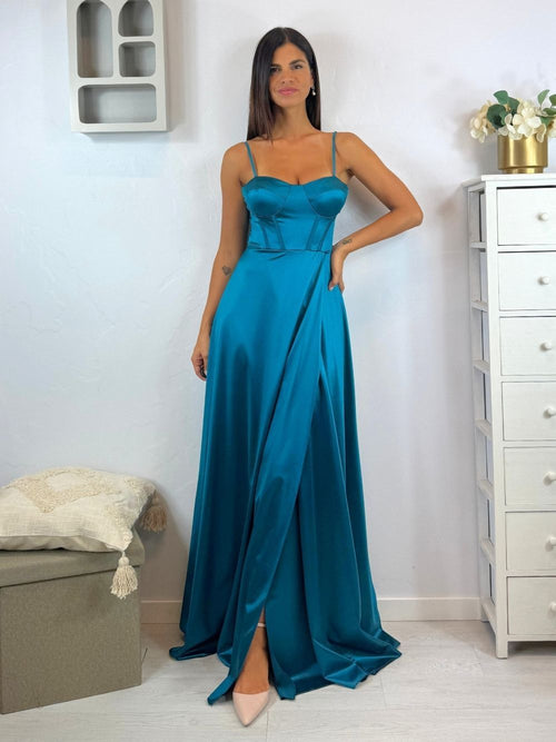 Abito cerimonia raso corsetto intrecciato dietro