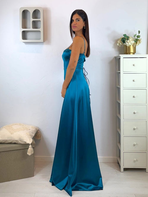 Abito cerimonia raso corsetto intrecciato dietro