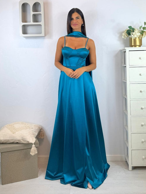 Abito cerimonia raso corsetto intrecciato dietro