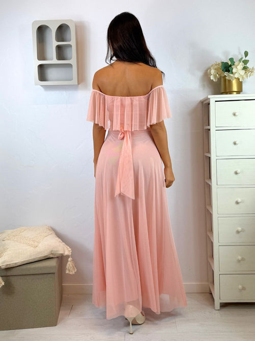 Vestito lungo tulle manica scesa volant