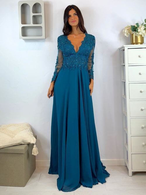 Abito cerimonia corpetto pizzo maniche e spacco