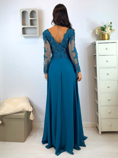 Abito cerimonia corpetto pizzo maniche e spacco