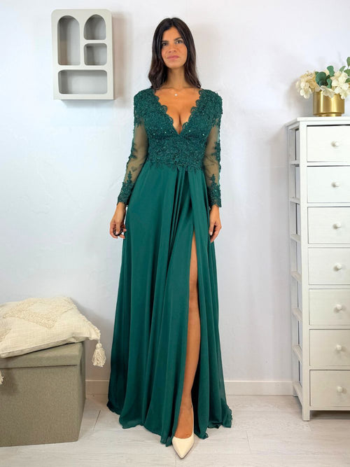 Abito cerimonia corpetto pizzo maniche e spacco