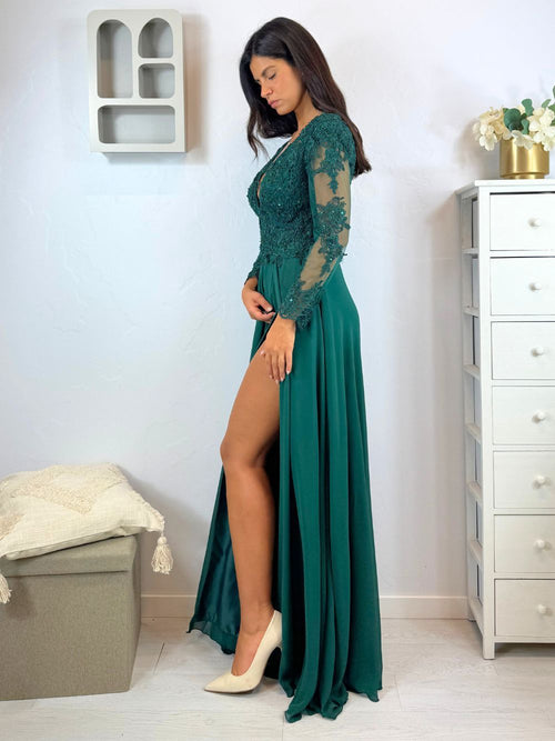 Abito cerimonia corpetto pizzo maniche e spacco