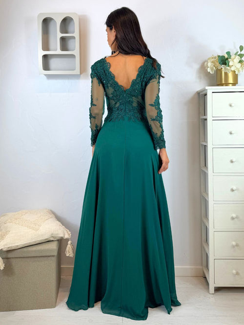 Abito cerimonia corpetto pizzo maniche e spacco