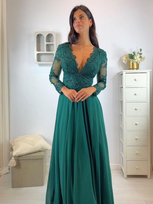 Abito cerimonia corpetto pizzo maniche e spacco