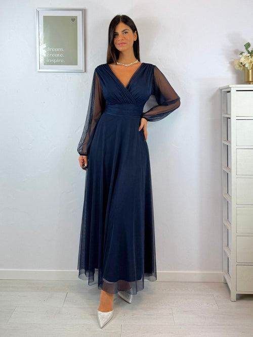 Abito cerimonia tulle scollo v maniche