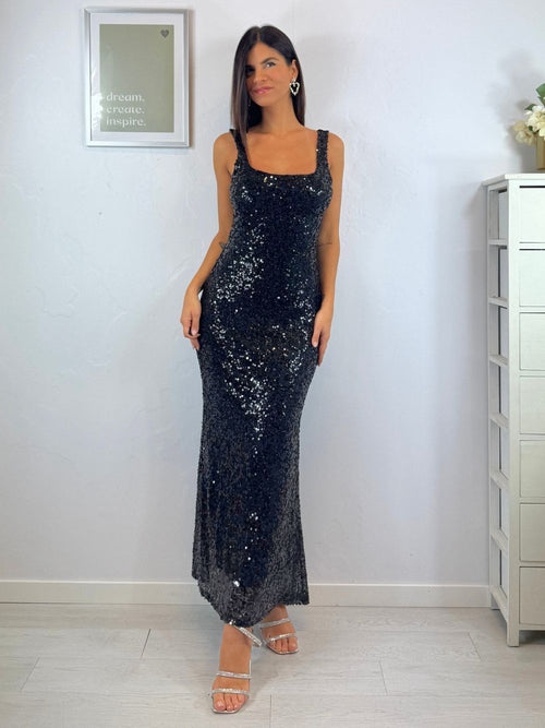 Abito lungo paillettes scollo quadrato