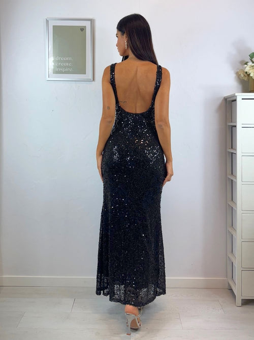 Abito lungo paillettes scollo quadrato