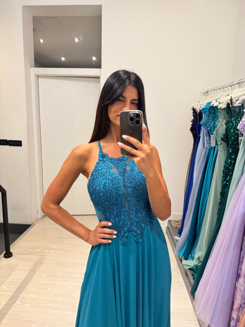 Abito cerimonia scollo americano pizzo e strass