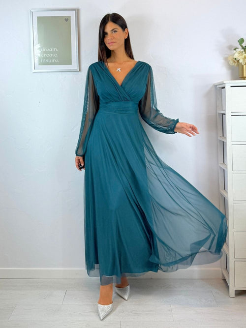 Abito cerimonia tulle scollo v maniche