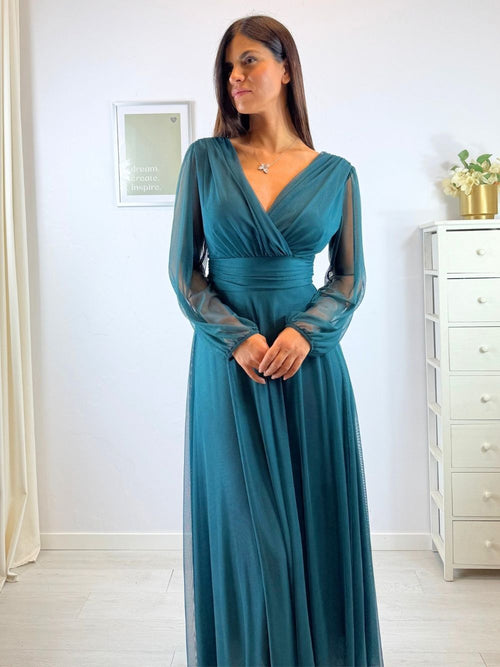Abito cerimonia tulle scollo v maniche